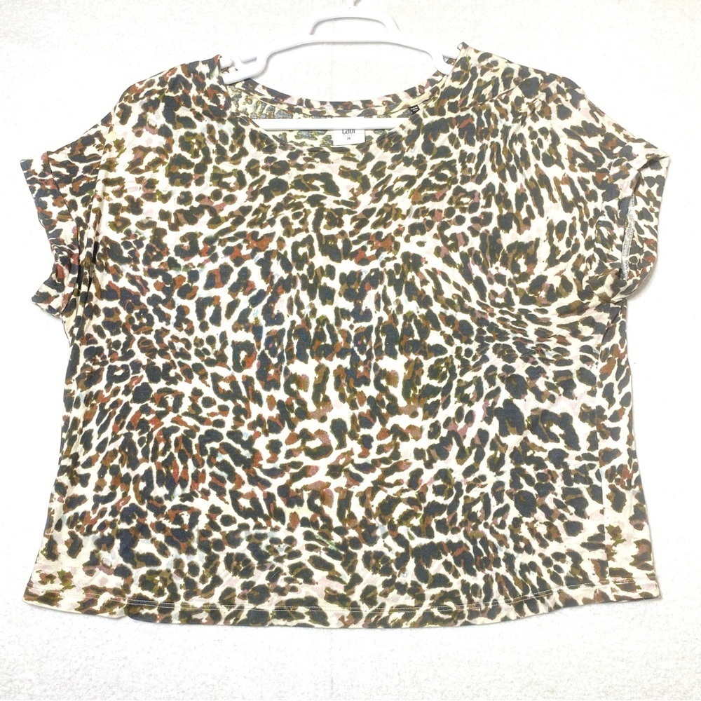 CAbi Leopard Animal Print Shirt Women's M Crop Boxy Short Sleeve Lightweight Top